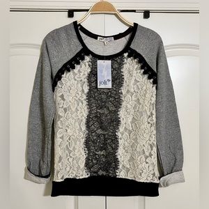 NWT Jolt Top w/ Lace Overlay - SZ Small - Gray, Black, and Cream